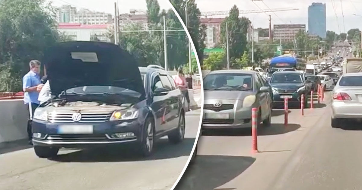 Сломавшийся автомобиль остановил все движение на одной из полос.  Коллаж: Point.md
