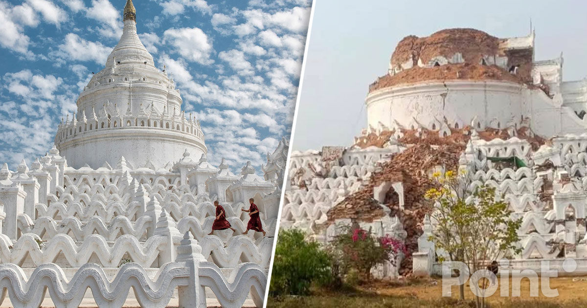 Celebra Pagodă albă Hsinbyume, distrusă în urma cutremurului din Myanmar.