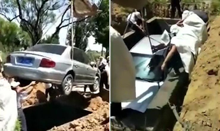 В сети появилось видео похорон жителя Китая в его автомобиле. 