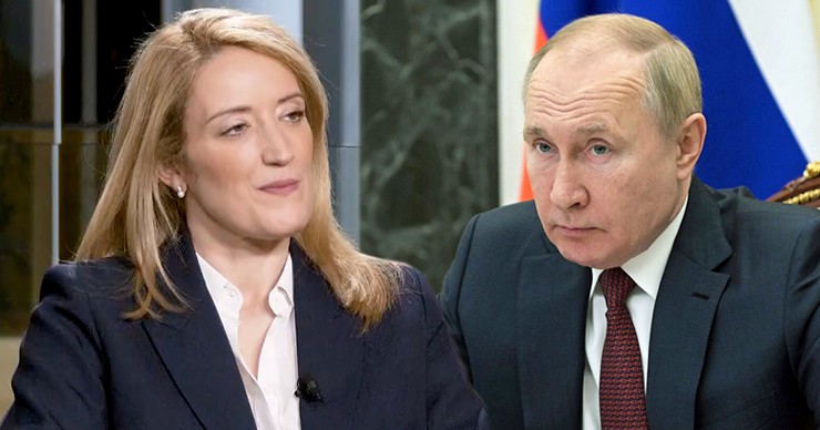 Роберта Метсола — Владимиру Путину: Диктаторы нас не разделят. Коллаж: Point.md