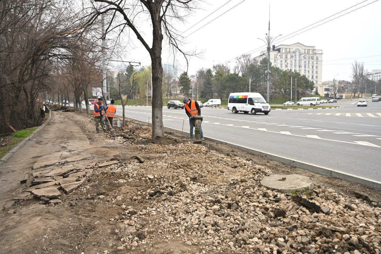 В Кишиневе продолжаются работы по ремонту тротуара на бульваре Ренаштерий Национале.