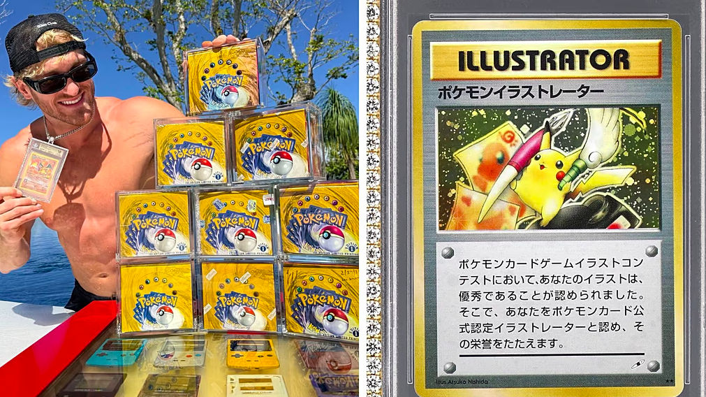 Блогер Логан Пол продал редкую карту Pikachu за рекордные $16,5 млн. Фото: Logan Paul on X/Goldin Auctions/Canva