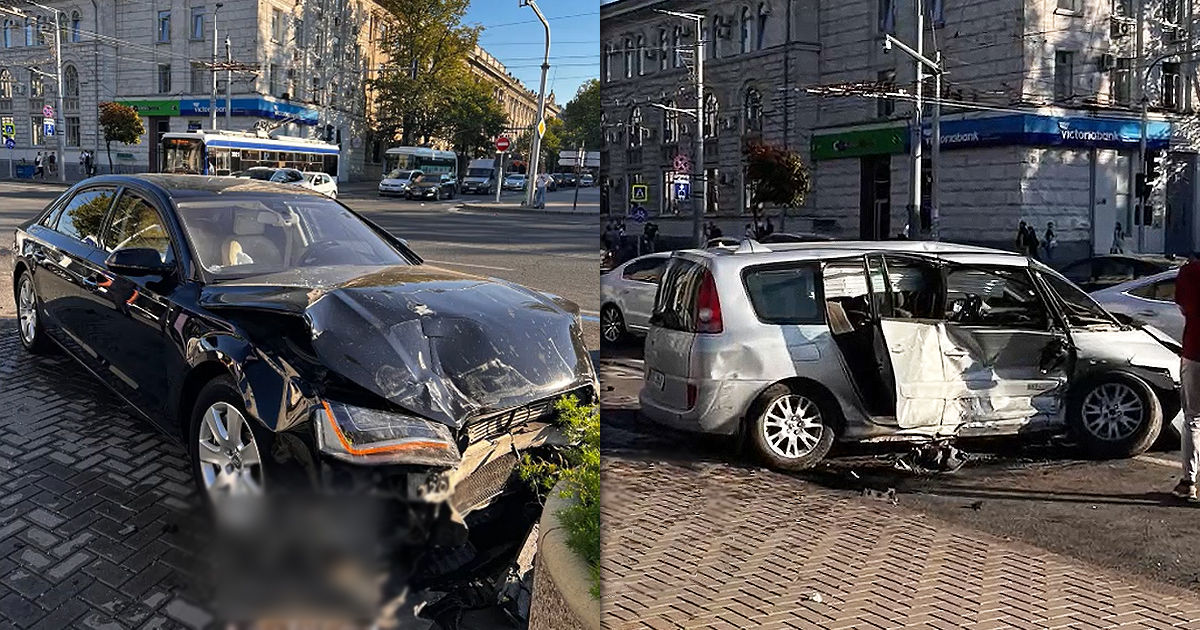В центре Кишинева произошло ДТП с участием двух машин: есть пострадавшая. Коллаж: Point.md