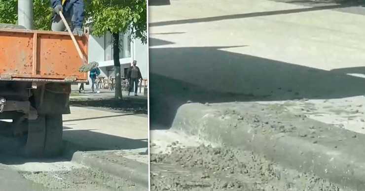 В Кишиневе заделывают ямы в асфальте, пачкая новый тротуар.