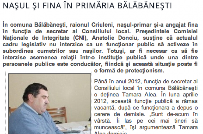 Până în anul 2012, funcţia de secretar al Consiliului local în comuna Bălăbăneşti o deţinea Tamara Alea. 