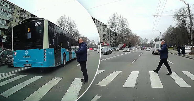 В столице автобус едва не сбил мужчину на пешеходном переходе. Коллаж: Point.md