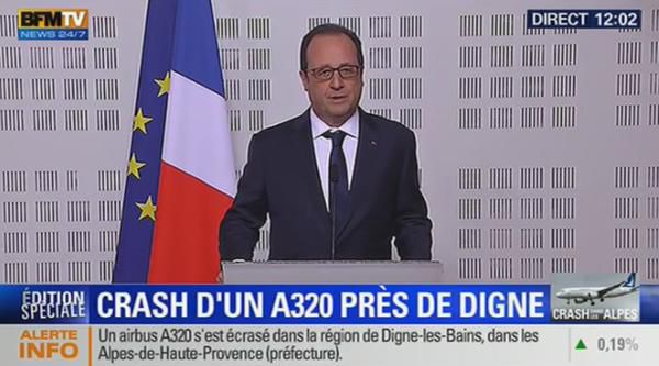 Олланд: выживших при крушении самолета Airbus во Франции нет.