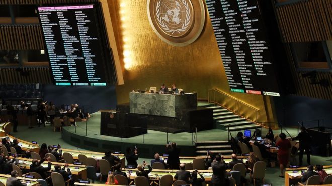 Против выступили Украина и США, за проголосовало 121 государство.