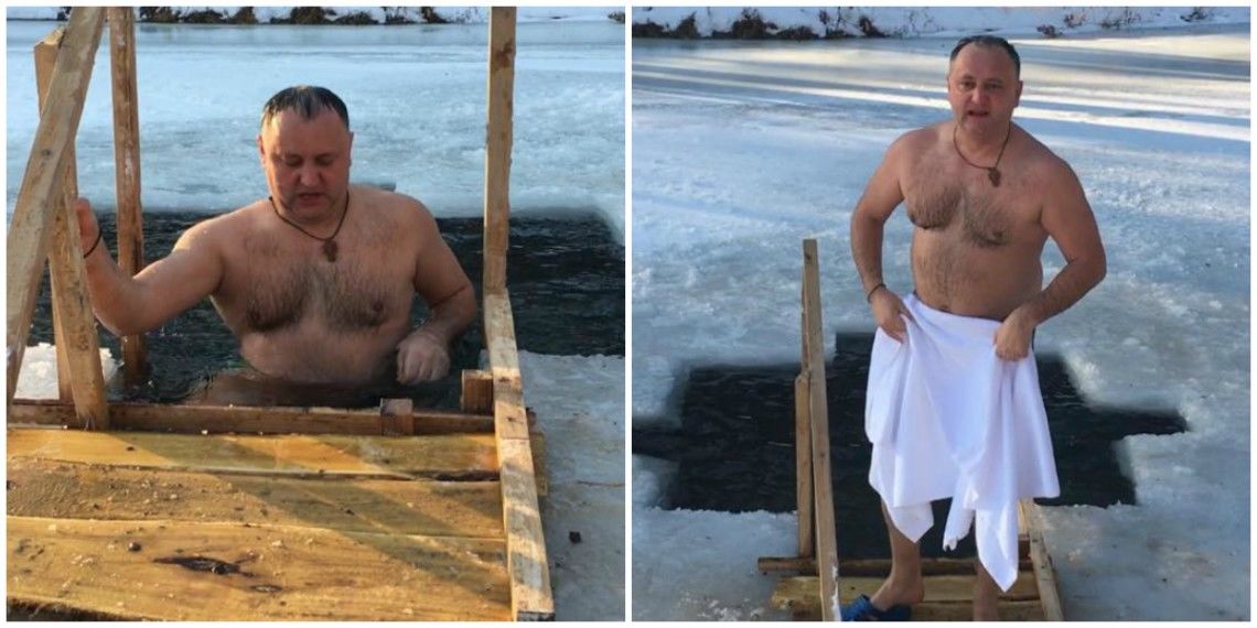 Președintele Republicii Moldova și Prima Doamnă, Igor și Galina Dodon, s-au scăldat de Bobotează în apă înghețată. Foto: Igor Dodon / Facebook