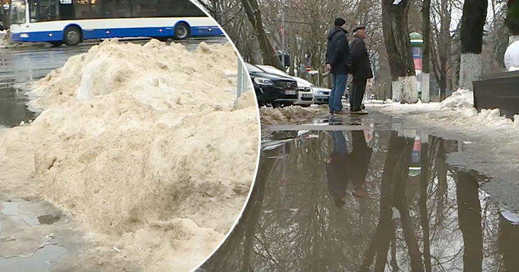 Снег в столице растаял, на дорогах и тротуарах образовались потоки грязной воды. Коллаж: Point.md.