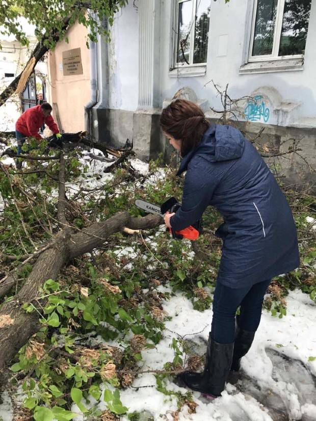 Deputată, cu drujba la tăiat copacii prăbușiți. Internaut: Măcar pornește-o. Foto:realitatea.md