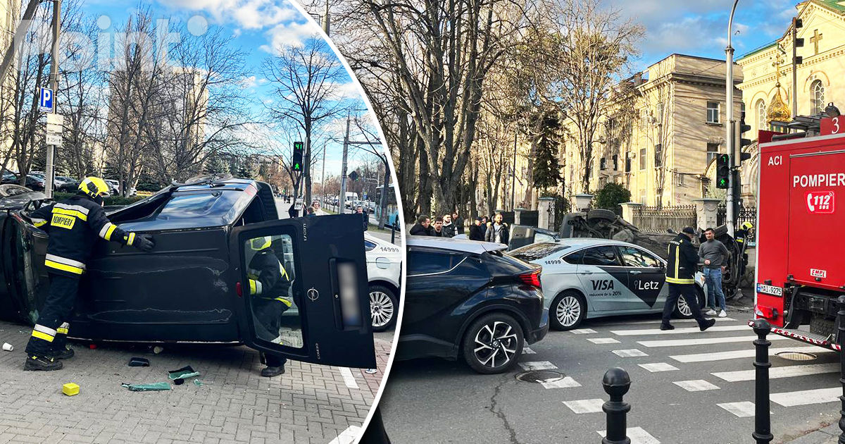 Accident în centrul Chișinăului: O mașină s-a răsturnat.
