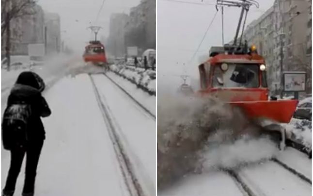 Un pieton, îngropat în zăpadă de o mașină care curăță drumurile