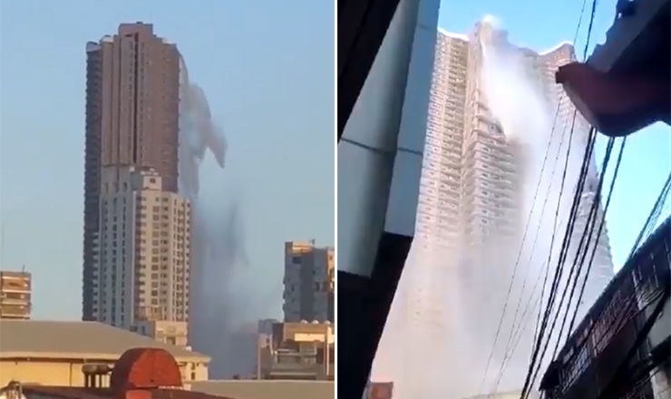 Пролившийся с крыши небоскреба бассейн попал на видео.