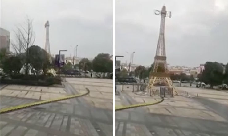 В Китае ветром сдуло копию Эйфелевой башни.