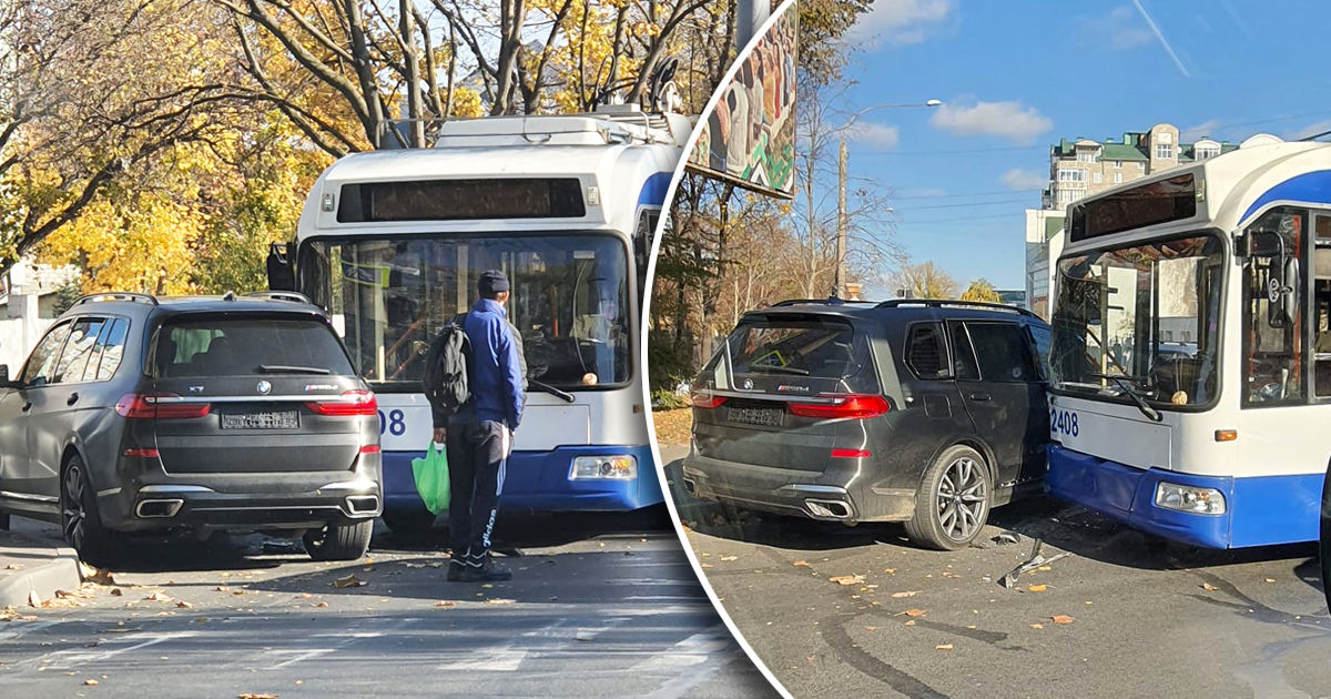 На Ботанике столкнулись BMW и троллейбус, в котором были пассажиры. Коллаж: Point.md