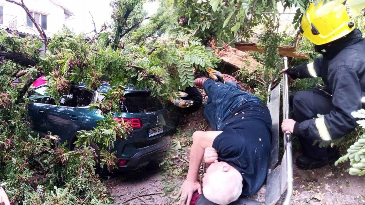 В столице мужчина оказался заблокированным в авто, на которое рухнуло дерево