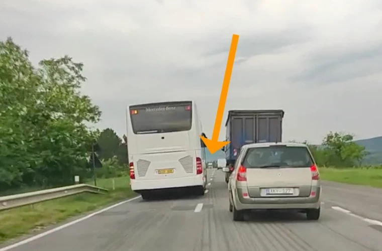Водитель автобуса совершил обгон, ставя под угрозу жизнь пассажиров.