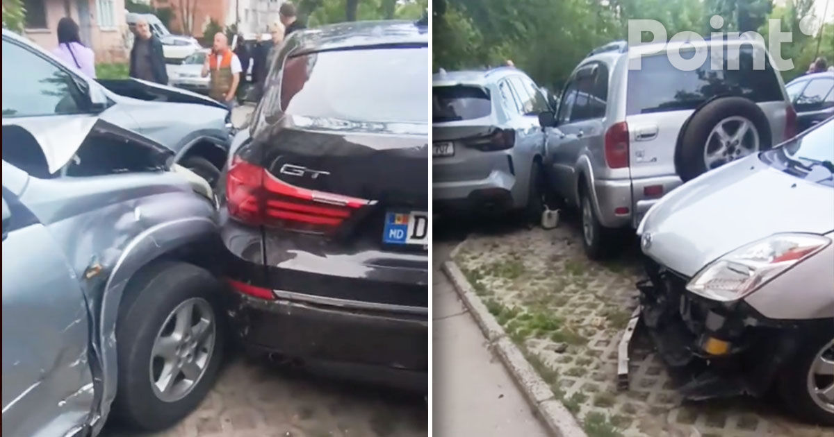 Accident într-o curte de bloc din Chișinău: Cinci mașini, avariate.