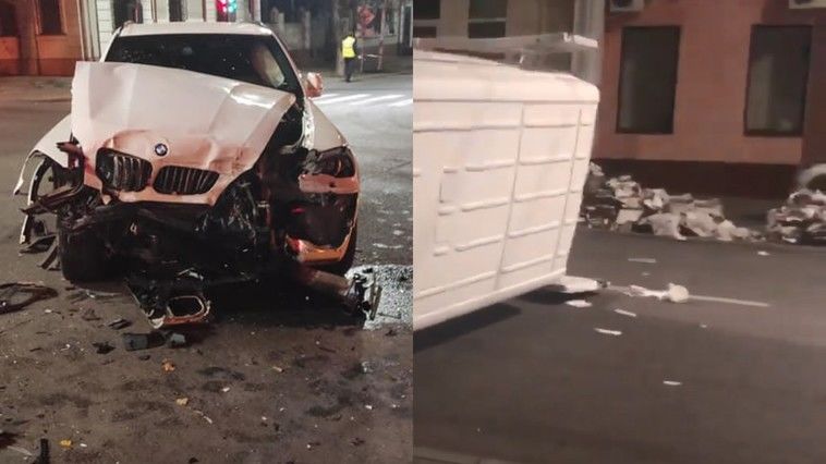 В Кишиневе микроавтобус, набитый газетами, перевернулся от удара BMW X5. Фото: deschide.md.
