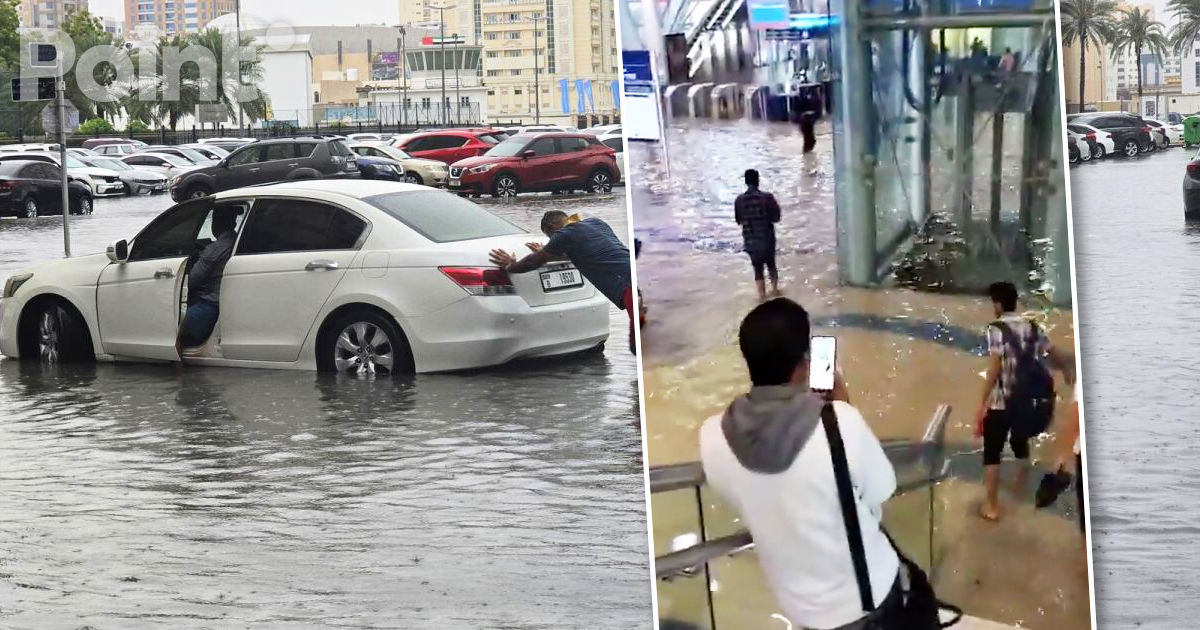 В Дубае из-за сильных дождей перекрыли дороги и затопило метро.