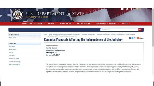 Statele Unite exprimă "preocupare" privind propunerile discutate în Parlament pe tema justiţiei.