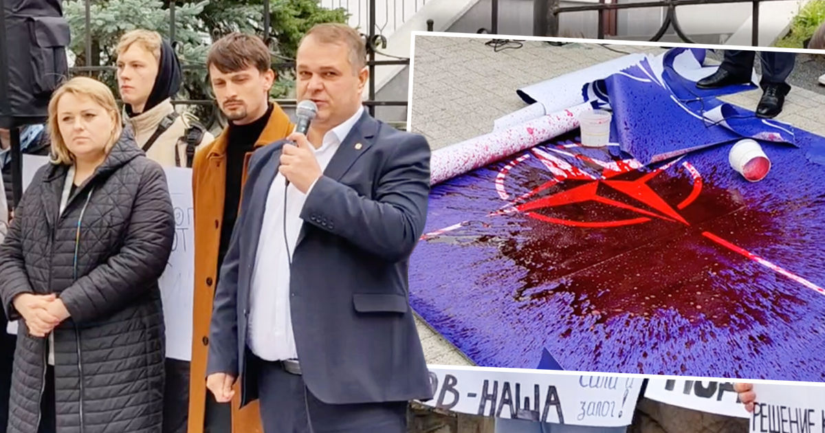 Сторонники нейтралитета Молдовы порвали флаг НАТО на протесте в Кишиневе. Коллаж: Point.md