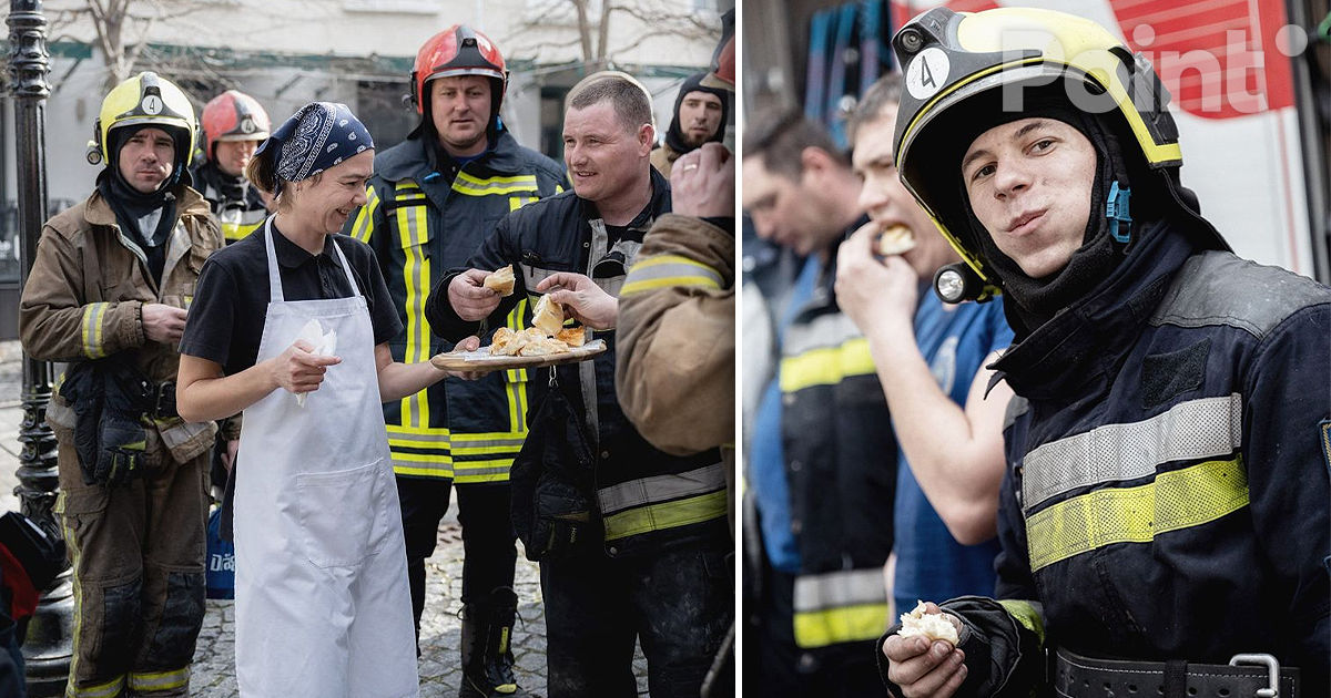 Кафе на пешеходной улице угощало пожарных выпечкой после изнурительной борьбы с огнём.