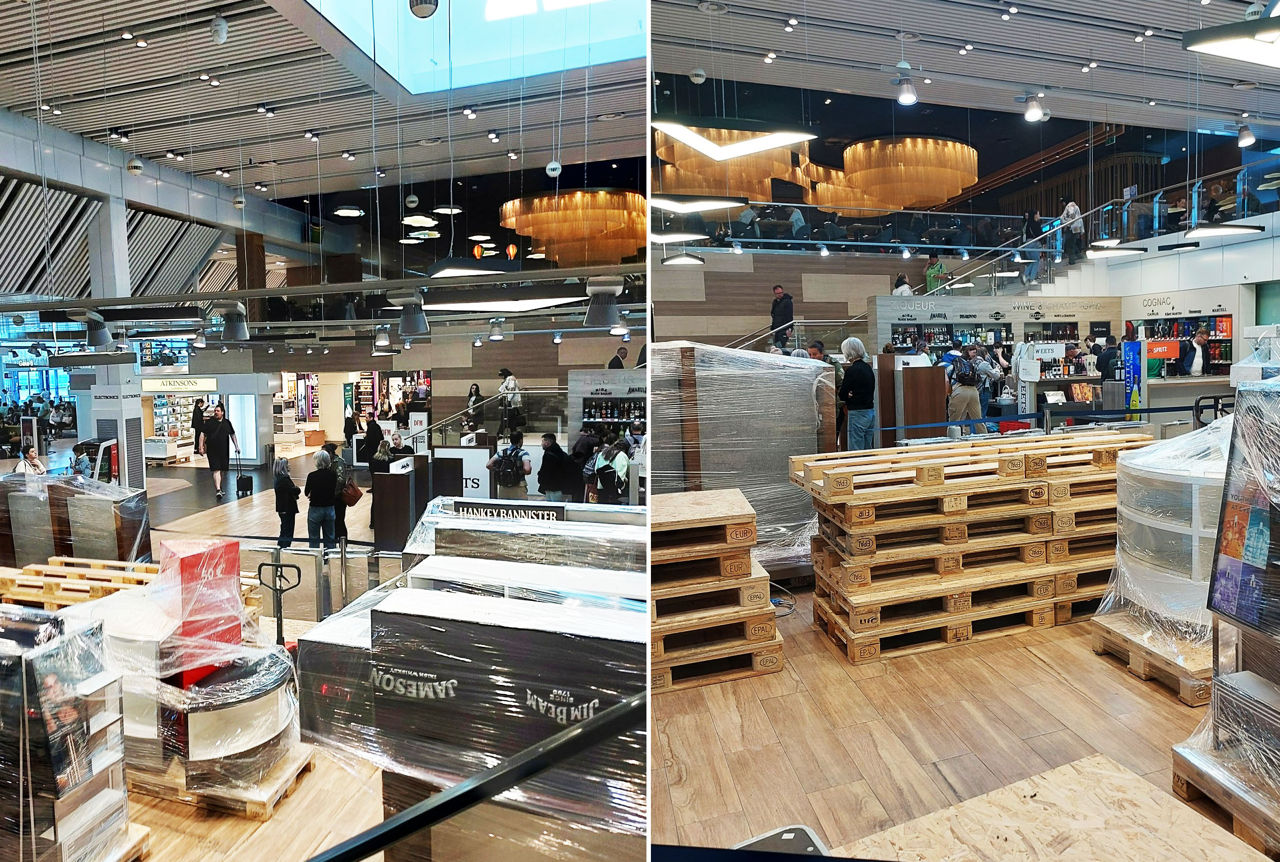 Mărfurile și rafturile din zona Duty Free de la Aeroportul Chișinău, scoase.