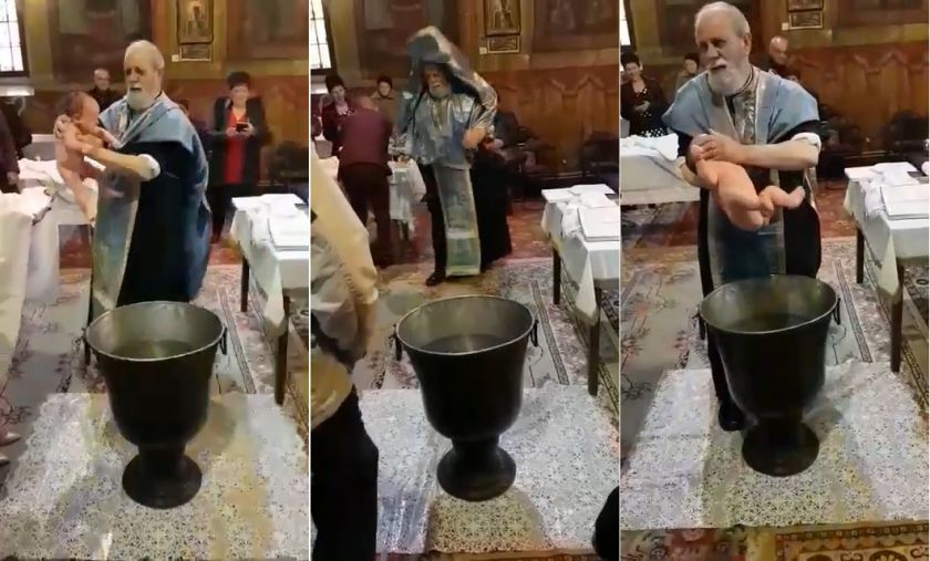 Oamenii au înlemnit de groază, când preotul nervos a pus mâna pe bebeluş