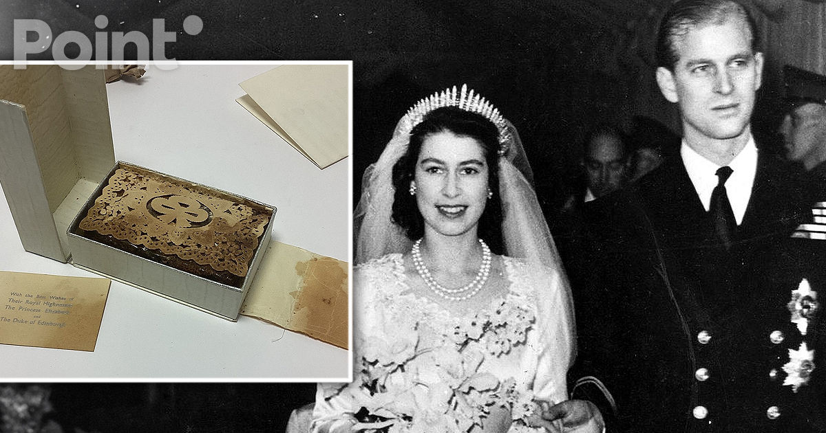 O bucată din tortul de nuntă al Reginei Elisabeta a II-a și al Prințului Philip, scoasă la licitație.