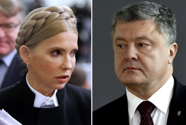 Экс-премьер Украины, лидер партии "Батькивщина" Юлия Тимошенко и действующий президент страны Петр Порошенко.