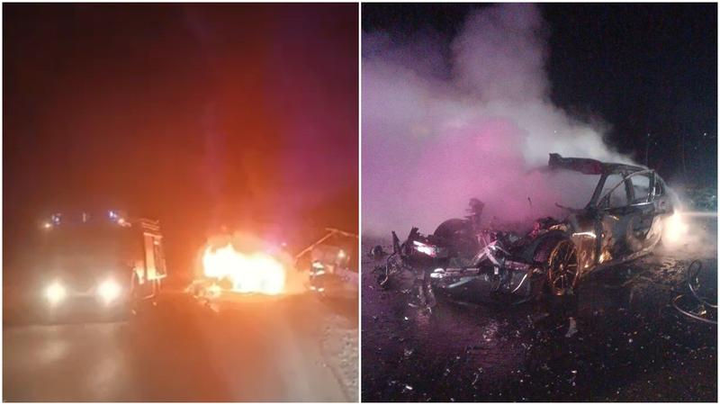 O mașină, mistuită de flăcări după ce a intrat într-un tractor la Călărași.