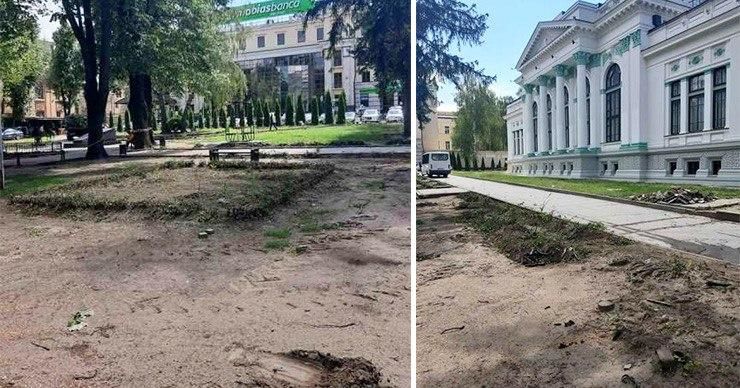 В сквере, где находился "Кишиневский Арбат", пилят деревья и корчуют кустарники. Коллаж: Point.md.