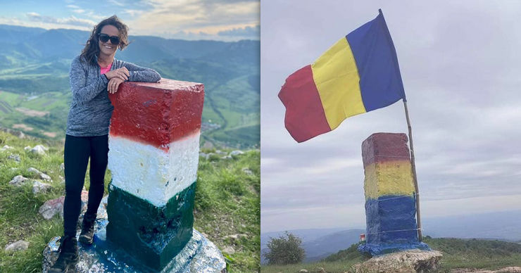 Пограничный столб, у которого фотографировалась президент Венгрии, снова выкрасили в цвета флага Румынии. Коллаж: Point.md