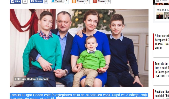 Familia lui Igor Dodon este în aşteptarea celui de-al patrulea copil. Foto: Igor Dodon\Facebook