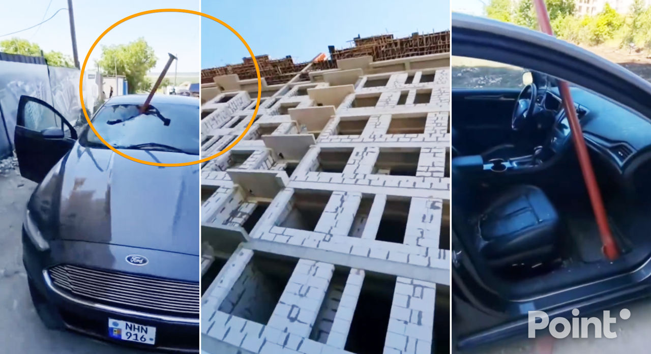 Un suport metalic a căzut de pe o clădire în construcție peste o mașină în Capitală.