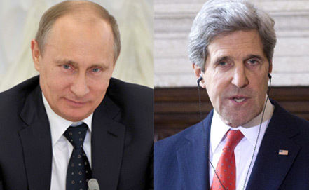 Госсекретарь США Джон Керри и президенто России Владимир Путин