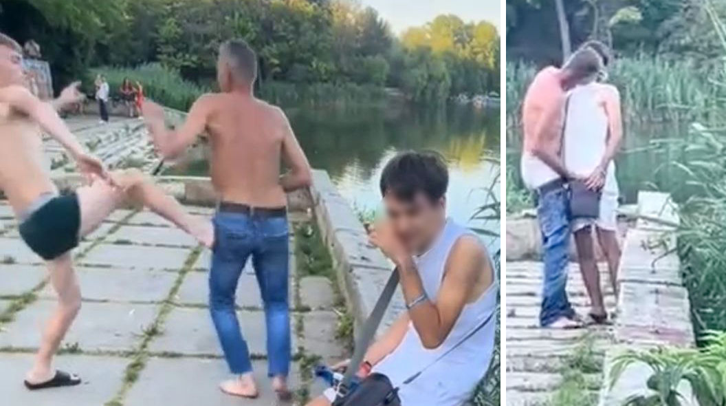 Doi bărbați, surprinși cum se sărută într-un parc din Capitală: Au fost despărțiți cu pumnii de un grup de tineri.