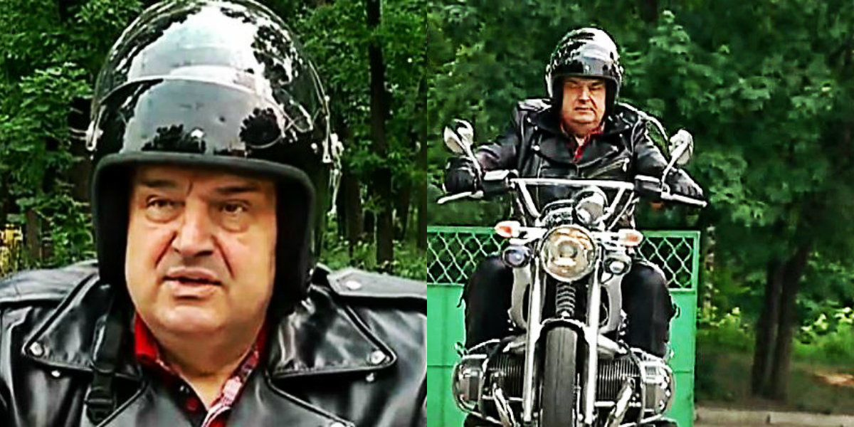 Serafim Urechean, in costum de piele si calare pe o motocicleta BMW.