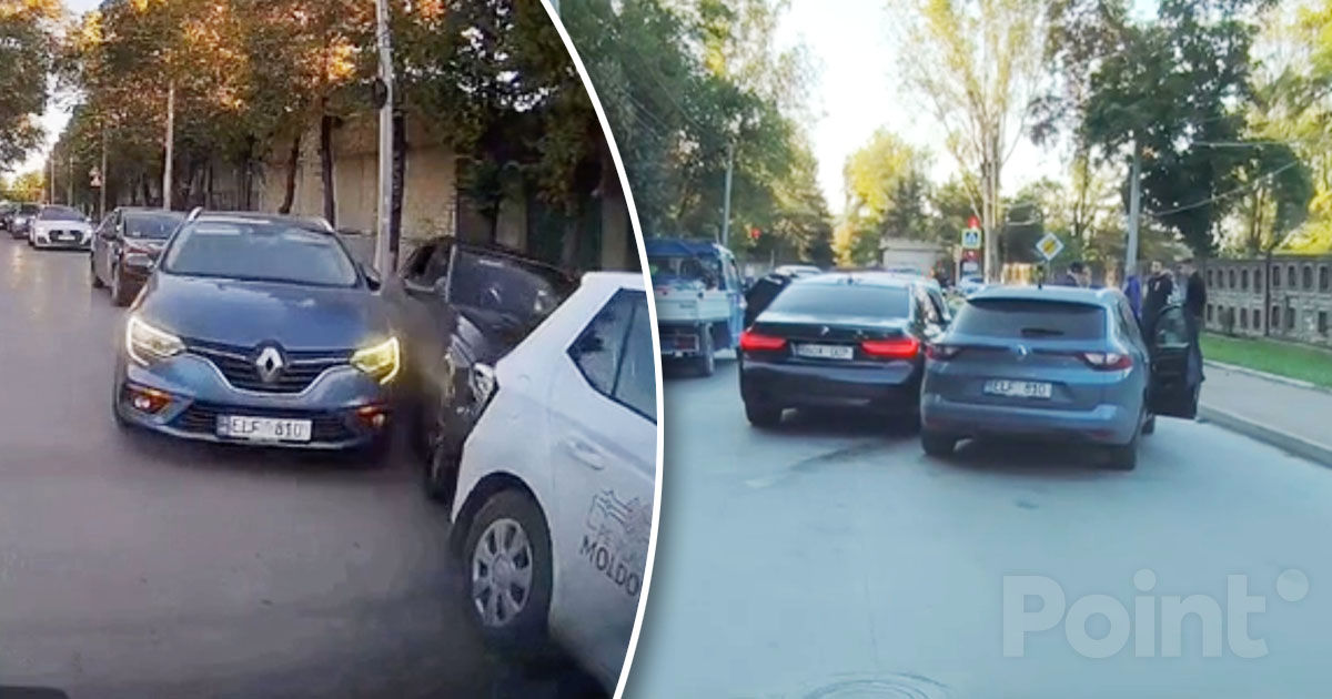 Accident la Bălți: Un BMW a încercat să ocolească ambuteiajul și a avariat mai multe mașini.