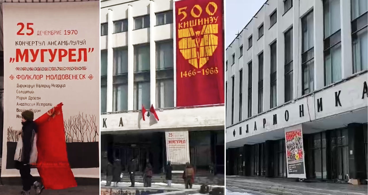 Bannere în chirilică, instalate pe clădirile Palatului Național și Muzeul de Artă: Pentru un film.