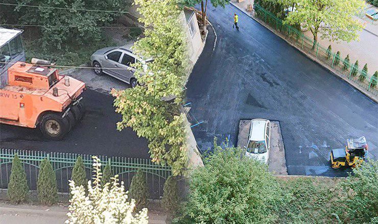 В Кишиневе дороги асфальтируют вокруг припаркованных автомобилей.