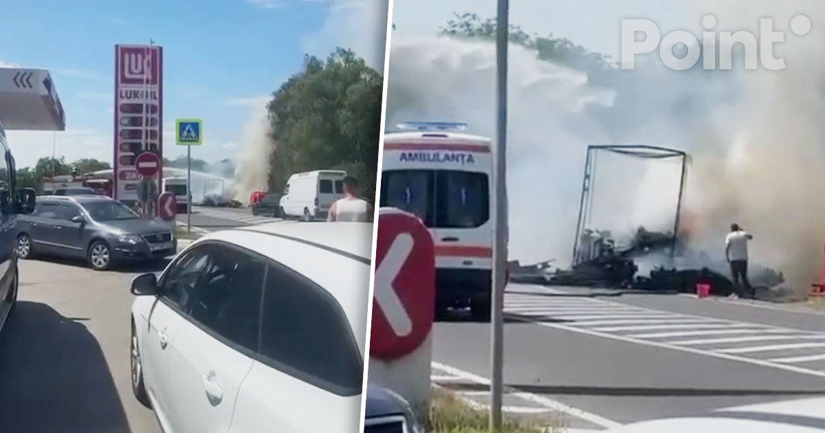 Remorca unui camion plină cu lemne, cuprinsă de flăcări la Hârbovăț.