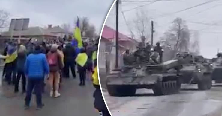 Жители Луганской области спели гимн Украины перед российскими танками.
