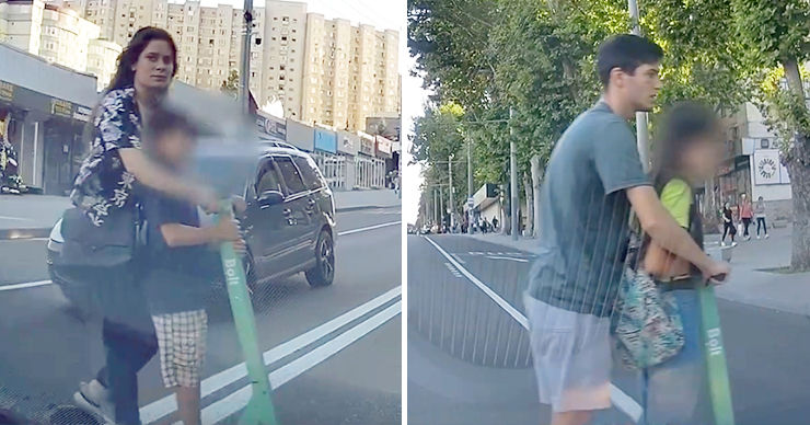 В столице пара с детьми на самокате едва не угодила под колеса авто.