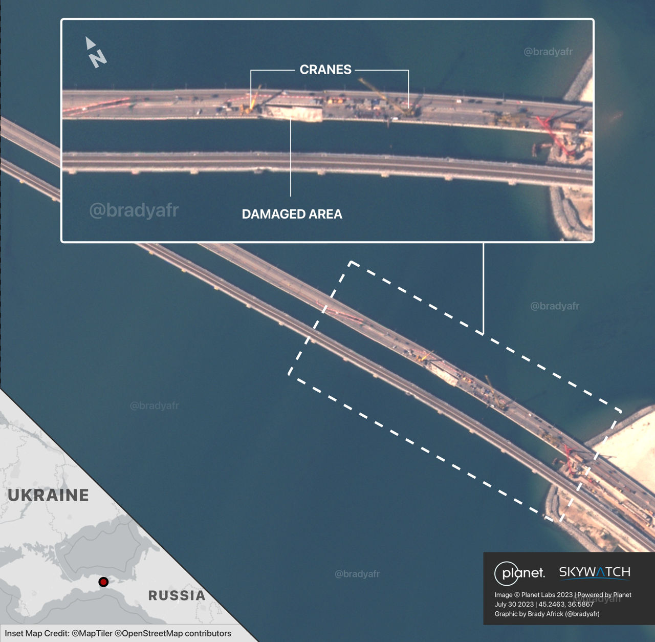 Появились спутниковые снимки ремонта Крымского моста.