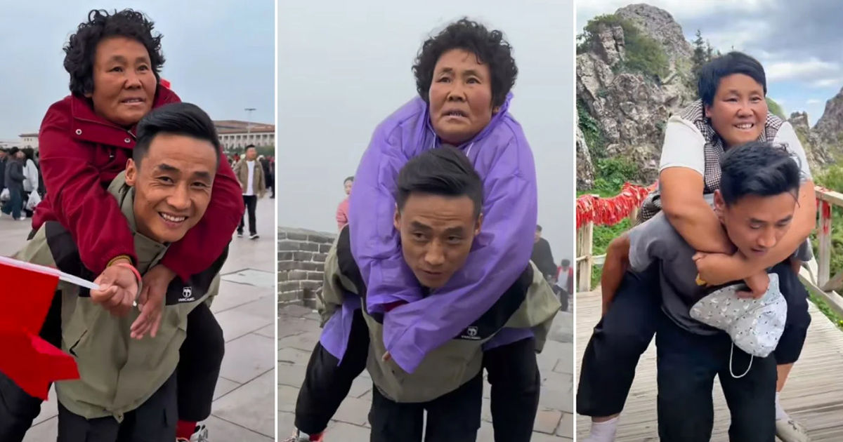 Un chinez și-a vândut bunurile și călătorește cu mama sa paralizată, purtând-o pe spate.