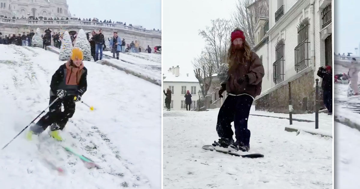 Parizienii au ieșit în stradă cu schiuri și snowboarduri cu ocazia ninsorii rare.