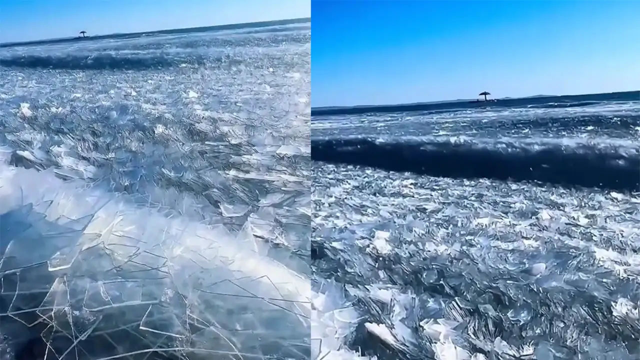 Ледяные волны запечатлели на озере Хулун в Китае: словно из хрусталя.